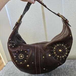 Coach Mia Brown Pebbled Leather Studded Woven Flower Limited Edition Hobo Bag
